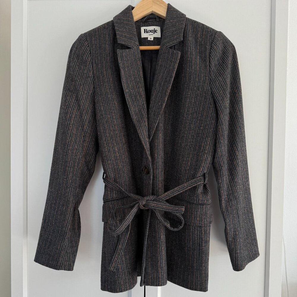 Rouje Gaspard Herringbone Belted Suit Jacket - Size FR 36